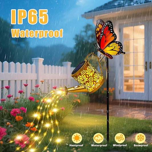 Solar Lights Garden Decor, Waterproof Solar Watering Can with Butterfly Garden Stakes, Outdoor Light with Cascading Lights for Yard Art Outside Patio Lawn Porch, Birthday Gift for Mom Women 2 Pack