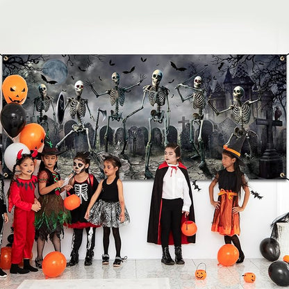 Panelee Halloween Garage Door Decoration 7x16ft Large Horror Backdrop Banner Horror Halloween Garage Door Cover with Bat Cemetery for Home Yard Scary Theme Party Outdoor Wall Decoration (Skeleton)