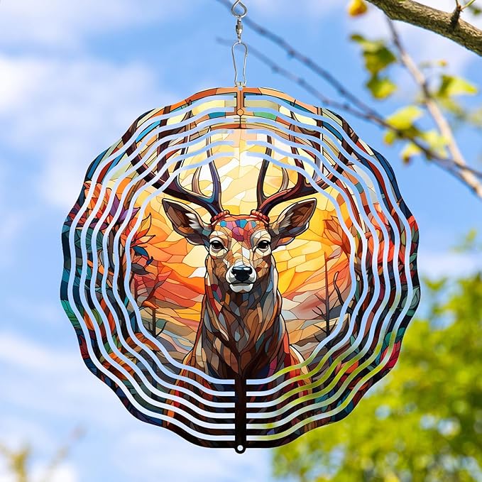 Deer Head Wind Spinner 3D Frosted Deers Head Wind Spinner Hanging for Yard and Garden, Cute Spinners Made of Tough Steel Plate
