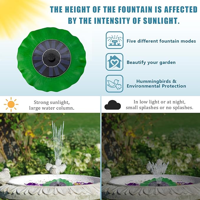Solar Bird Bath Fountains Pump with Lotus Leaf Design, 11" D Free Standing Floating 7V/1.4W Solar Powered Water Fountain Pump for Bird Bath, Garden, Pond, Pool, Fish Tank & Outdoor Decor