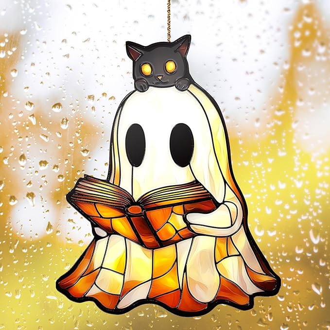 Ghost Cat Reading Book Acrylic Sun Catchers Indoor Windown Suncatchers for Windows Hanging Christmas Suncatchers Window Decor Outdoor Suncatcher Custom