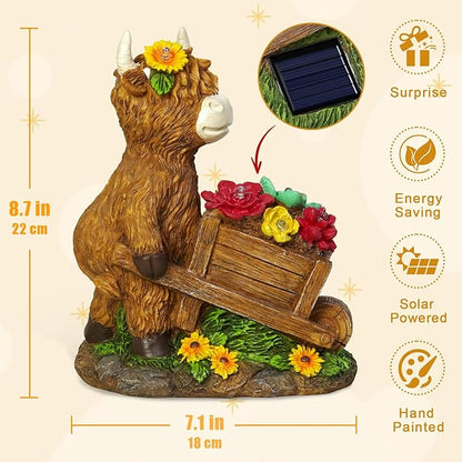TEDOF Solar Highland Cow Statue with Flower Decor, Funny Outdoor Garden Ornament for Yard Patio Lawn, Birthday Gift for Women Mom