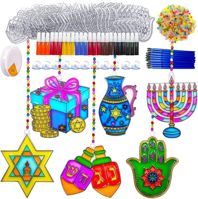 AUEKIV Suncatchers Kit 30Sets Hanukkah Suncatchers Window Art Paint Sun Catcher DIY Craft Kits Chanuka Menorah Dreidel Star Suncatcher Kits for Hanukkah Festival Home Party Activity Decorations