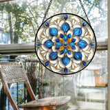 Stained Glass Window Hanging - Blue and White Abstract Flowers Suncatcher for Door Terrace Garden Home Decor, Gold Sun Catcher Birthday Gifts for Lovers Women Men Dad Mom Nana 9.8 in