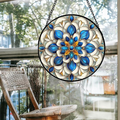 Stained Glass Window Hanging - Blue and White Abstract Flowers Suncatcher for Door Terrace Garden Home Decor, Gold Sun Catcher Birthday Gifts for Lovers Women Men Dad Mom Nana 9.8 in