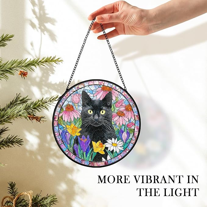 Black Cat Suncatcher Stained Glass Window Hanging Decor Ornaments, Black Cat Owner Memorial Sun Catchers Wall Art Gifts for Women, Floral Flower Garden Lawn Stained Glass Wall Decor, 7.9x7.9In