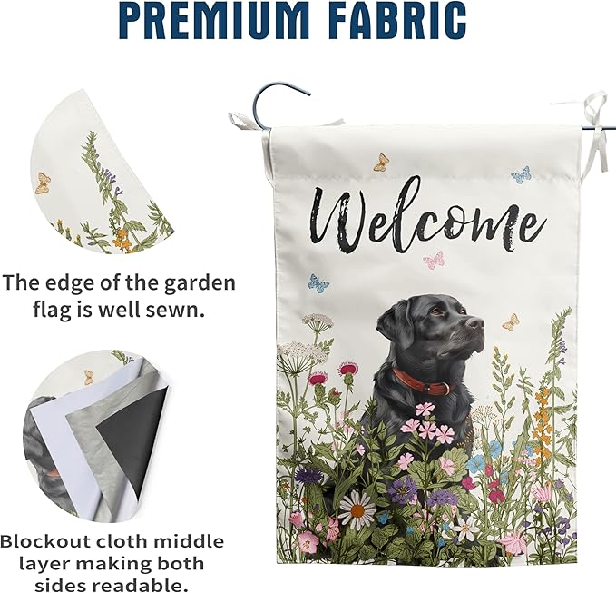 Floral Black Lab Garden Flag Spring Summer House Flags 28x40 Double Sided Flower Labrador Dog Yard Flags for Outside Lawn Large Outdoor Welcome Flags