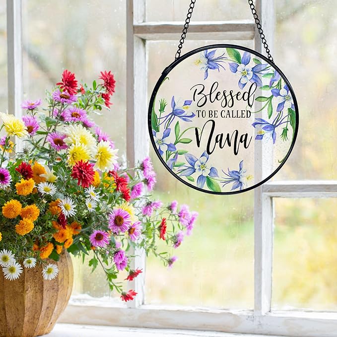 Nana Gifts Suncatchers Stained Glass Window Hanging, Blessed to Be Called Nana, Grandma Gifts for Mother's Day, Flower Sun Catchers Indoor Window Glass Wall Deco, 7.9x7.9in