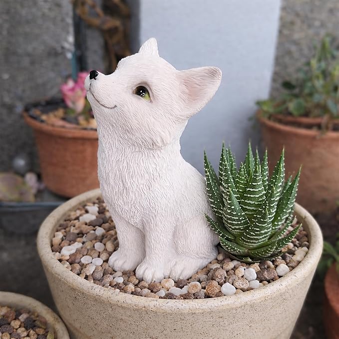 White Fox Figurine - Super Cute Little Sitting Baby Fox Cub Statue, Adorable Resin Sculpture, Decorative Polyresin Animal Ornament, Tabletop Décor for Outdoor Garden Patio Lawn Yard Pool Potted Plant