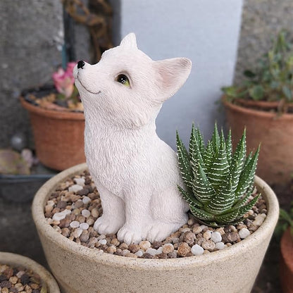 White Fox Figurine - Super Cute Little Sitting Baby Fox Cub Statue, Adorable Resin Sculpture, Decorative Polyresin Animal Ornament, Tabletop Décor for Outdoor Garden Patio Lawn Yard Pool Potted Plant