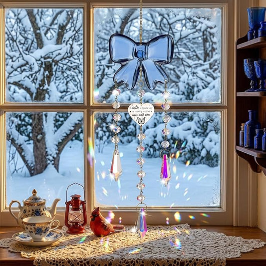 Crystal Sun Catchers Indoor Window,Bow Decor Sun Catcher for Sister Gifts with 3 Chains,Prism Rainbow Crystal Suncatcher for Hangings College Dorm Rooms Home Decoration Blue