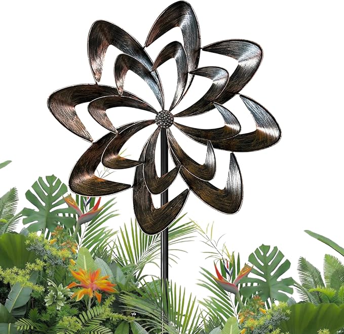 GUAGUA Classical Metal Wind Spinner Outdoor, 360 Degrees Swivel Wind Spinners for Yard and Garden, 74 in Wind Sculptures Willow Leaves Patio Decor (Bronze)
