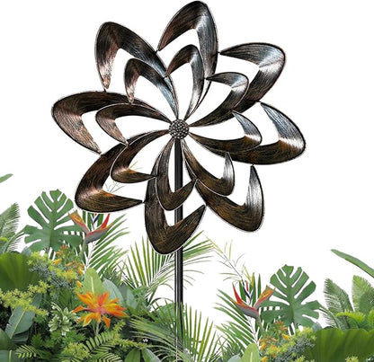 GUAGUA Classical Metal Wind Spinner Outdoor, 360 Degrees Swivel Wind Spinners for Yard and Garden, 74 in Wind Sculptures Willow Leaves Patio Decor (Bronze)
