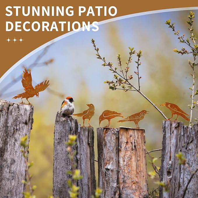 Geila 5PCS Rusty Birds Decoration, Fence Decorations Outdoor, Metal Birds Yard Decor Perfect Yard Art and Large Outdoor Ornaments (C)