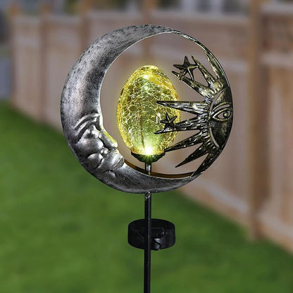 Exhart Garden Stake, Sun and Moon Solar Garden Sculpture, LED Amber Crackle Glass Orb, Silver Metal Outdoor Lawn Decor and Yard Art, 8.5 x 3 x 38 Inch