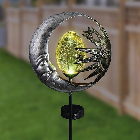 Exhart Garden Stake, Sun and Moon Solar Garden Sculpture, LED Amber Crackle Glass Orb, Silver Metal Outdoor Lawn Decor and Yard Art, 8.5 x 3 x 38 Inch