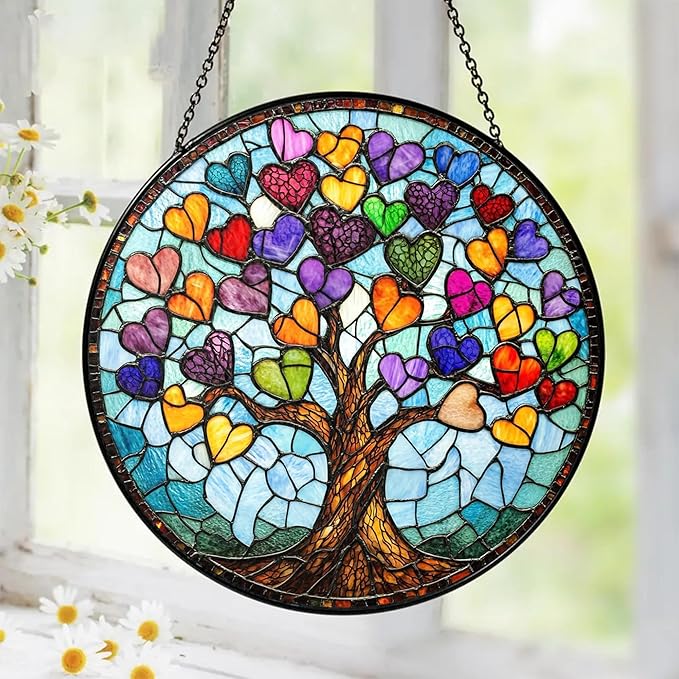 Tree of Life Stained Glass Suncatcher for Windows Hanging Home Decor Gifts for Women, Men, Thanksgiving for Mom Grandma, Wall Art Indoor & Garden Outdoor Decorations