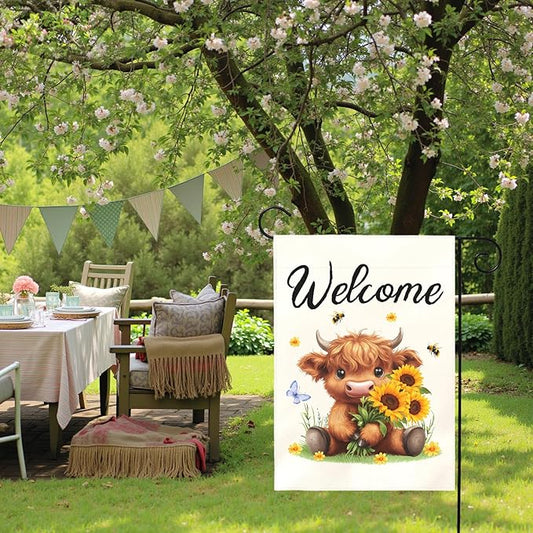 Welcome Highland Cow Garden Flag Spring Summer Sunflower Yard Flags Cute Farmhouse House Banner for Outdoor Front Yard Lawn Porch Patio Country Rustic Home Decoration 12x18 Inch