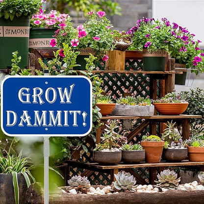 Grow Dammit Garden Sign, 12 x 8 Inches, Blue Aluminum Sign with 28-Inch Stake, Funny Outdoor Garden Decor 1Pack