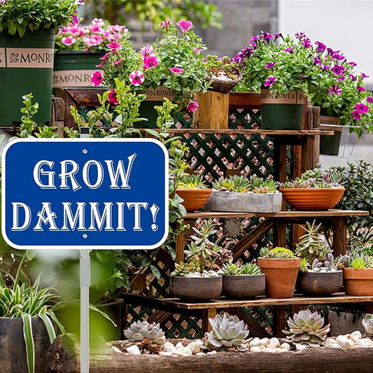 Grow Dammit Garden Sign, 12 x 8 Inches, Blue Aluminum Sign with 28-Inch Stake, Funny Outdoor Garden Decor 1Pack