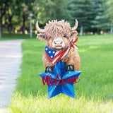 Glitzhome 4th of July Highland Cow Outdoor Decor, 30"H Patriotic Highland Cow Welcome Garden Stake or Wall Decor,Metal Calf Lovers Yard Signs for Independence Day Memorial Day Lawn Garden Decorations