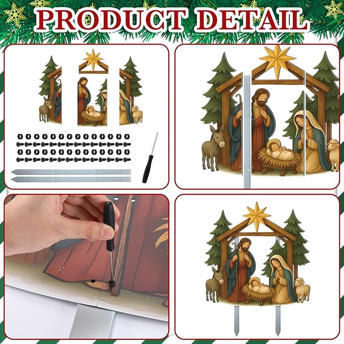 Cinnvoice Large Christmas Metal Yard Stakes Christmas Garden Stakes Waterproof Xmas Outdoor Yard Decor with Stake for Xmas Holiday Lawns Outdoor Decor(Nativity Scene)