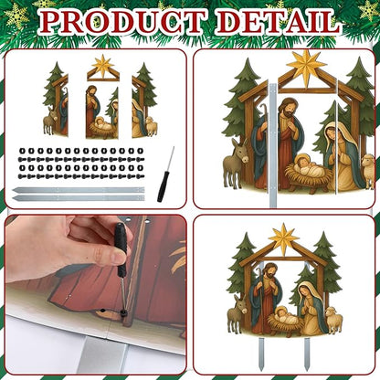 Cinnvoice Large Christmas Metal Yard Stakes Christmas Garden Stakes Waterproof Xmas Outdoor Yard Decor with Stake for Xmas Holiday Lawns Outdoor Decor(Nativity Scene)