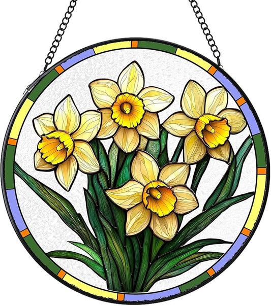 Stained Glass Suncatchers Window Hanging, Narcissus Flower Sun Catchers Indoor Window Stained Glass Hanging Garden Decor, Birthday Gifts for Mom Grandma Aunt Sister Bestie 6.3 in