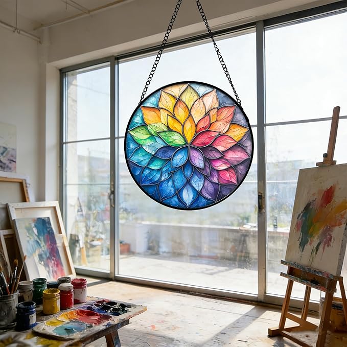 DASTOLL Stained Glass Window Hanging, Colorful Flower Petals Sun Catchers Diamond Glass Panel Hangings Suncatcher Decor for Birthday for Women, Men, Wife, Aunt, and Mom 9.8 in