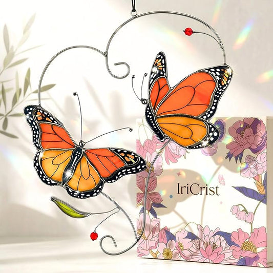 Monarch Butterfly Gifts for Grandma & Mom, Butterflies Suncatcher Stained Glass Window Hanging, Real Handmade Sun Catcher Indoor Window, Decorations in Garden Decor Ornament for Mother