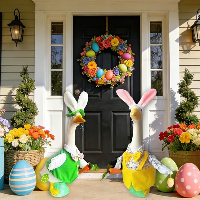 Easter Male Goose Outfits Boy – Yellow & Green Porch Goose Outfit with Adjustable Bunny Ears, for 20-23 Inch Porch Goose Easter Decor