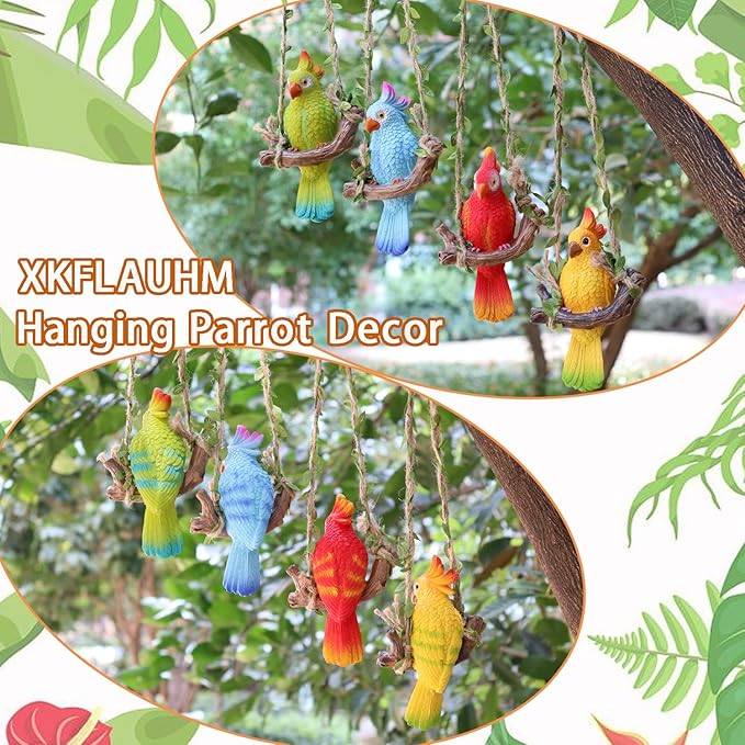 Hanging Resin Parrot Decor Tiki Bar Decorations Outdoor Tropical Yard Pool Decorations Indoor Hanging Bird Statue for Tree Plant Patio Garden Lawn Porch Balconies Decor(Green)