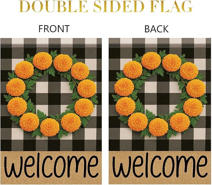 Buffalo Plaid Welcome Wreath Garden Flag Marigold Flower Flag 12x 18 Inch Double Sided Fall Outdoor Yard Decor for Porch Patio Lawn Farmhouse Decoration Fall Autumn Small Decor