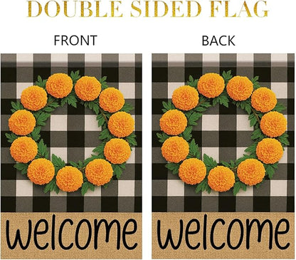 Buffalo Plaid Welcome Wreath Garden Flag Marigold Flower Flag 12x 18 Inch Double Sided Fall Outdoor Yard Decor for Porch Patio Lawn Farmhouse Decoration Fall Autumn Small Decor