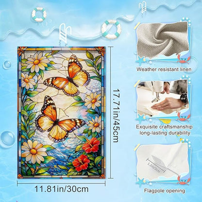 IVN Stained Glass Butterfly Garden Flag 12x18 Inch – Daisy Floral Outdoor Flag, Double Sided Burlap Spring Summer Yard Flag for Porch Lawn Patio Decor
