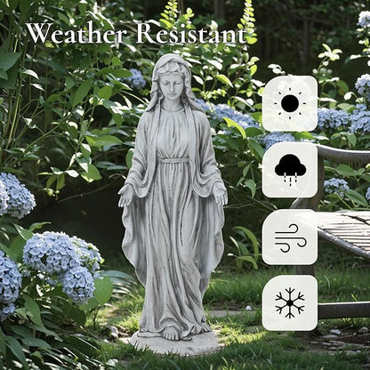 LuxenHome Virgin Mary Statue Outdoor, 30'' Religious Garden Statue, Blessed Mother Outdoor Statue, Outdoor Statue, Garden Sculptures, Outdoor Yard Decorations, Gray