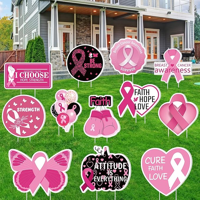Amyhill 12 Pcs Breast Cancer Awareness Yard Signs for Outdoor Pink Ribbon Garden Lawn Signs Decoration with Stakes Waterproof Decor Gifts for Women Festive Holiday Party Patio Lawn Walkway Decoration