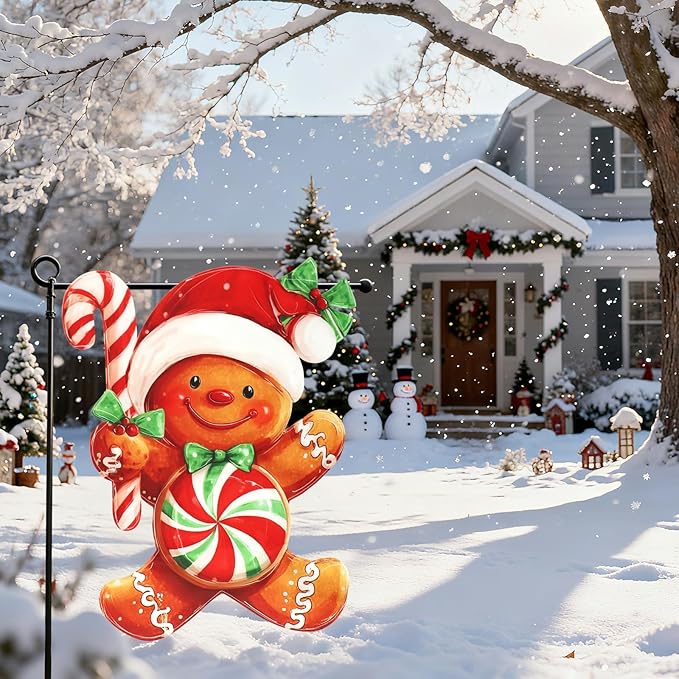 Christmas Garden Flags 12x18 Inch Double Sided, Xmas Gingerbread Man Yard Flag for Outside, Winter Seasonal Outdoor Decoration Farmhouse Front Porch Holiday Decor