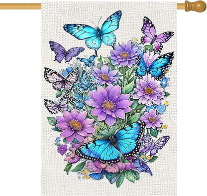 Spring Summer House Flag 28x40 Double Sided, Butterfly Floral Flower Large Garden Flags for Outside Holiday Seasonal Yard Decorations for Home