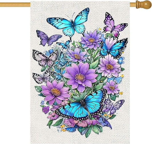 Spring Summer House Flag 28x40 Double Sided, Butterfly Floral Flower Large Garden Flags for Outside Holiday Seasonal Yard Decorations for Home