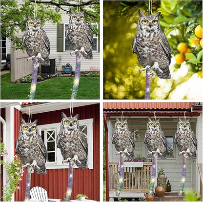 4PCS Reflective Plastic Owl Hanging Decoration Dual-Side Printed Raster Fake Eagle Garden Owl with Scare Tape for Garden Patio Windows