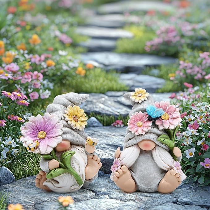 Hodao Set of 2 Spring Gnome Decorations Flower Gnomes Ornaments Decor Summer Outdoor Figurines Spring Elves for Porch, Garden Yard, Flower Bed Garden Gifts for Women, Mom