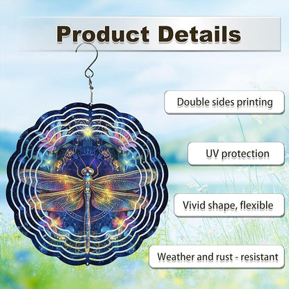 Dragonfly Wind Spinners Outdoor, Hanging Wind Spinner for Garden Decoration, 8 inch 3D Stainless Steel Metal Wind Sculpture for Indoor/Outdoor Decor