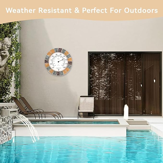 Lily's Home 10 inch Indoor or Outdoor Wall Thermometer Stone Frame Battery Operated Quartz Movement, Operated Decor for Family Room, Office, Game Room,Garden, Backyard, Pool