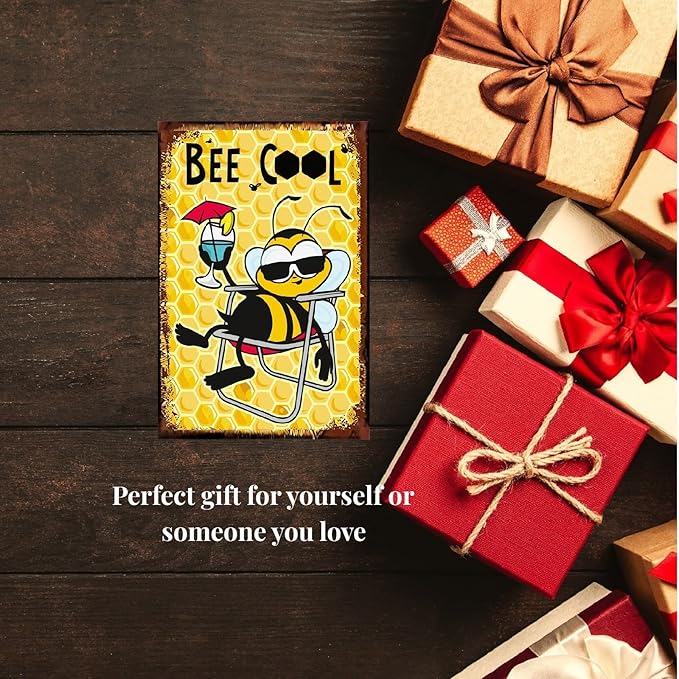 Funny Bee Metal Sign, Metal Country Rustic Tin Sign, Bee Cool, Yard Sign Garage Farm Outside Garden Wall Decor Sign Plaque Outdoor for Home Fence 8 X 12 Inch