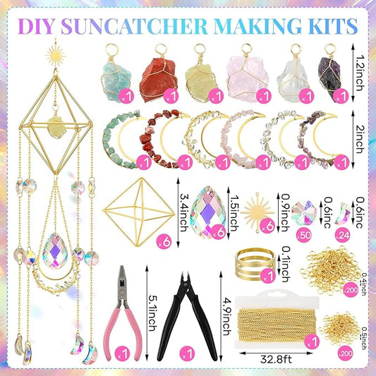 Knitgrip 6 Set 508 Pcs DIY Crystal Suncatcher Making Kits Craft with Rainbow Pendants Chains Gemstone Sun Catcher Hanging Colorful Crystal Prisms Windows Decor Wind Chimes with Chain Pendant Decor