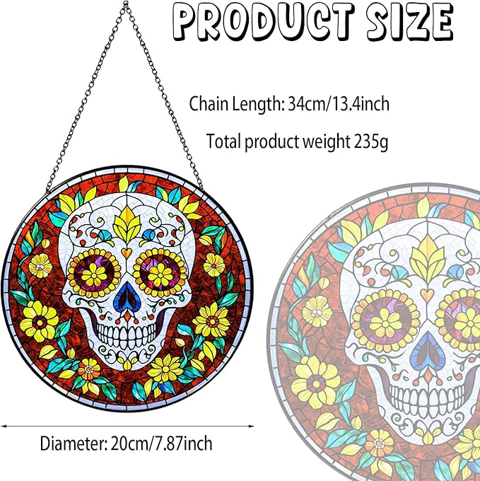 Dia De Los Muertos Sugar Skull Stained Glass Window Hanging Skull Sun Catcher Halloween Decor Halloween Home Decoration Suncatchers for Garden Home Windows Hanging, 7.87inch