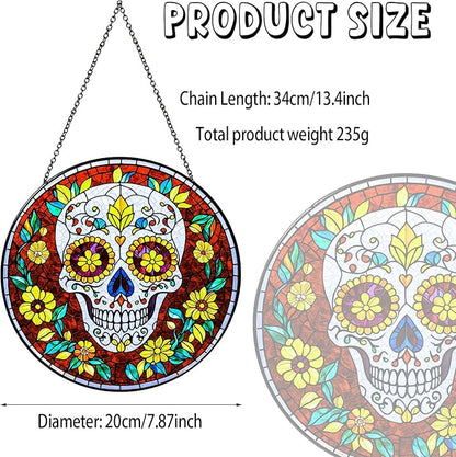Dia De Los Muertos Sugar Skull Stained Glass Window Hanging Skull Sun Catcher Halloween Decor Halloween Home Decoration Suncatchers for Garden Home Windows Hanging, 7.87inch