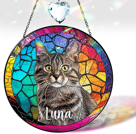 Personalized Pet Stained Glass Suncatcher Custom Name Pet Photo Ornament Window Hanging Home Decor Sympathy Gift for Loss of Pet Dog Cat Memorial Keepsake Remembrance Gift for Dog Lovers