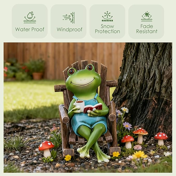 Flytime Frog Garden Decor, Outdoor Garden Statue,Frog on Rocking Chair,Suitable for Indoor and Outdoor Patios, Gardens, Flowers, and Lawns, A Whimsical Decoration(Coffee)